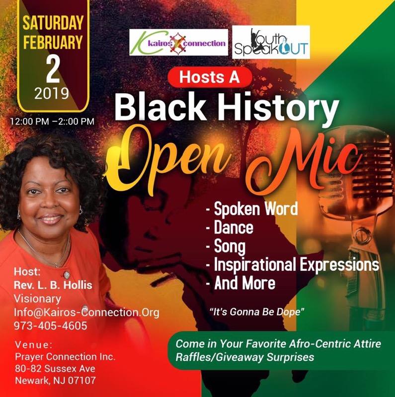 A black history open mic event with an african american woman.